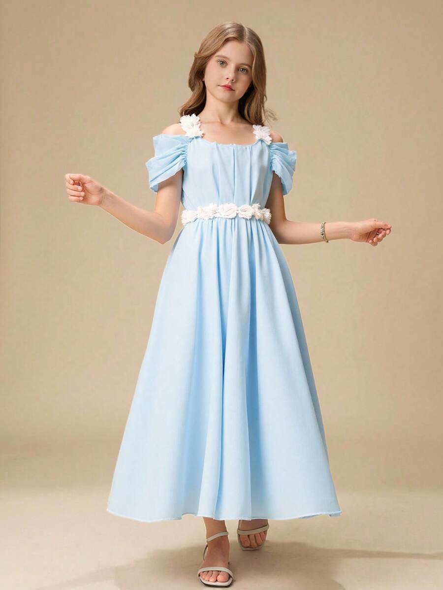 SHEIN Tween Girl Floral Suspender Princess Dress, Elegant Layered Gauze A-Line Party Gown, Suitable For Valentine's Day, Wedding, Birthday, Flower Girl And Bridesmaid Dresses - Blue - View 1