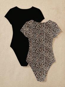 Attitoon 2pcs Women Casual Leopard Print & Solid Color Bodysuit Set, Round Neck Short Sleeve Fitted Bodysuit, Suitable For Summer - Multicolor - View 7