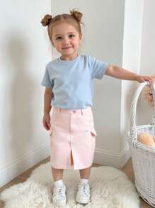 SHEIN Baby Girls Faded Wash Relaxed-Fit Denim Skirt, With Pockets, Simple & Fashionable Design For Daily Wear - Pink - View 3