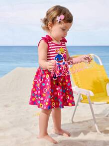BABY SHARK X SHEIN Robe sans manches mignonne et douce avec imprimé de requin dessin animé à rayures contrastées et nœud décoratif pour bébé fille - Rose bonbon - Voir 7