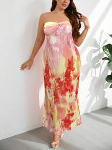 Firerie Großen Größen Damen Elegantes Lässig Kleid für Sommerurlaub Strand/Date, ärmellos A-Linie weites Maxikleid mit Bindegürtel in Orange Farbverlauf Blumenmuster