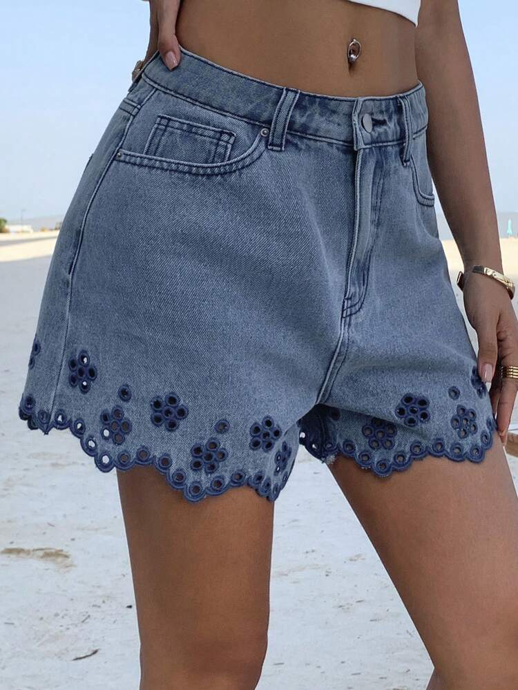 Women's Summer Contrast Color Ruffle Patchwork A-Line Design Casual Street Style Denim Shorts Jorts