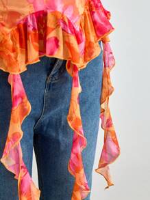 SHEIN 少女橙色露背褶皱胸围不对称下摆荷叶边下摆吊带背心，适合度假、海滩、海边穿着 - 橘色 - 查看 4