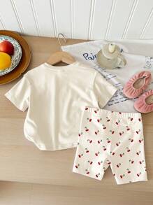 SHEIN Baby Girl Cute Cherry Pattern Casual Minimalist Round Neck Short Sleeve T-Shirt & Tight Shorts Set, Suitable For Spring/Summer