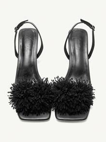 CUCCOO CHICEST Women Pearly Toe Strap Rhinestone Decor Pointed Toe Low Block Heel Elegant, Charming, Sexy, High-Class Vacation & Clubbing Black High Heel Sandals Slippers - Black - View 12