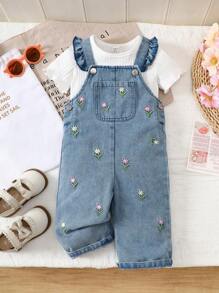 SHEIN Vintaside Kids 2 Pieces Baby Girl Set Blue Summer Cute Modest Matching Family Floral Embroidered Denim Overalls Solid Color Short-Sleeved Top Party White Autumn Fall - Multicolor - View 4