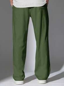 SUMWON Quần ống rộng vải lanh có dây rút, dáng trượt patin, thoải mái, nhẹ, mặc thường ngày, mùa hè, mùa xuân, quần dài Palazzo, phong cách tối giản, hiện đại, phù hợp cho kỳ nghỉ, nghỉ dưỡng bãi biển - màu xanh lá - Xem 5