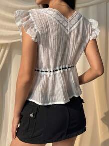 SHEIN EZwear 女士撞色蕾丝小袖系腰时尚衬衫 - 白色 - 查看 2