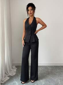 Elenzga 1 Set Women's V-Neck Striped Halter Top & Flare Leg Casual Pants, Elegant Outfit - Black - View 5