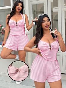 SHEIN EZwear Plus Size Women Summer Vacation Striped Bodycon Backless Camisole Top And Shorts Suit, Suitable For Holiday Wear