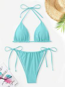 SHEIN Swim Curve 大码女式 2 件纯色系带三角杯分体泳衣套装，性感时尚休闲度假，夏季，女士度假装，女士沙滩装，度假两件套 - 藍色 - 查看 4