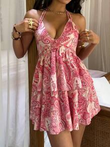 Sunnyshic Vestido mini de mujer de verano casual de vacaciones con estampado de paisley, volantes escalonados y espalda descubierta - Multicolor - Ver 6
