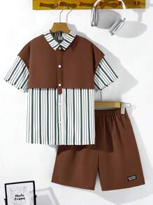 SHEIN 2 件青少年男孩休闲二合一 Polo 领短袖衬衫和松紧腰短裤套装，适合秋季、春季、夏季、户外玩耍、学校、街头、派对和休闲 - 棕色 - 查看 9