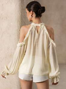 Chiquease Women's Ruffled Collar, Bead-Decorated Open Shoulder Long Sleeve Blouse, Stylish & Slimming - Apricot - View 5