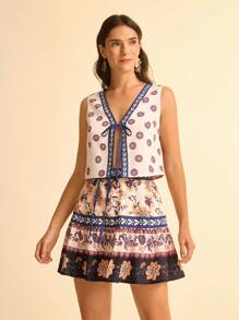 CAJUNI Váy ngắn đi biển mùa hè họa tiết hoa nhiệt đới Boho cho nữ cạp chun viền nhún - Nhiều màu - Xem 6