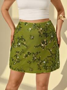 Auralis Große Größen Business Frauen Kleidung Sommer Strand Urlaub Club Sexy Y2k Geburtstag Land Konzert Hawaii Elegant Fairycore Date Night Glitzernder Rock Frauen Floral Pailletten Elastischer Bund Kurzer Rock, Abschlussball Rock Große Größen Salbeigrün Pailletten Rock, Perlenbesetzter Rock - Grün - Übersicht 1