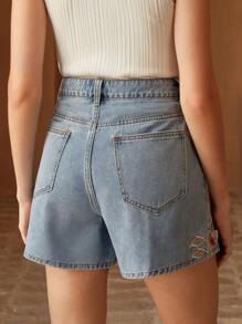 Anewsta Fashionable Niche Embroidered Denim Shorts For Women - Blue - View 2