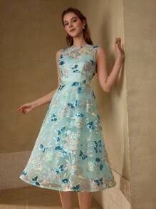 MOTF PREMIUM EMBROIDERY CONTRAST MESH COCKTAIL DRESS