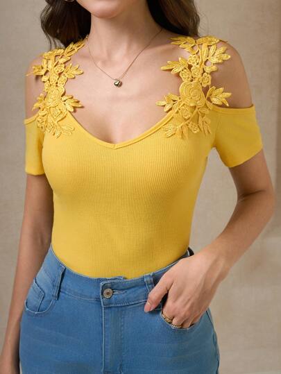 SHEIN Clasi Women Summer Lace Flower Patchwork Off-Shoulder Short Sleeve Elegant T-Shirt Cold Shoulder Top