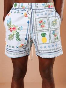 SUMWON Summer Beach Shorts Hawaiian Pineapple Print Drawstring Swim Trunks Vacation Pool Party Elastic Waist Relaxed Athletic Swimwear With Side Pockets Resort Wear - Multicolor - View 7