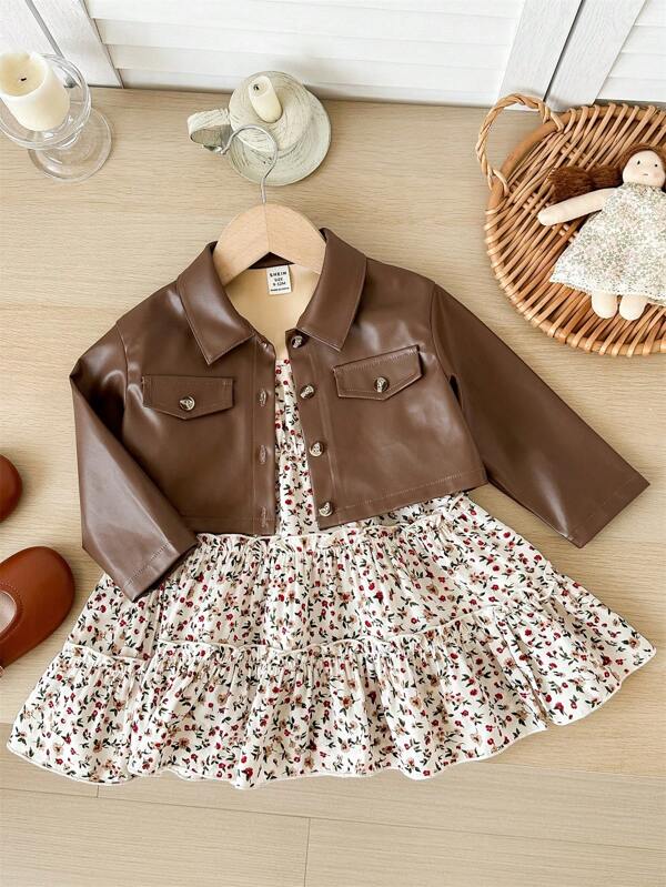 SHEIN 2 Pieces Set: Casual Resort Chic Leopard Print Camisole Dress And Brown Faux Leather Jacket For Baby Girl