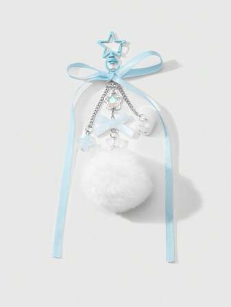 Kawaii 1 pièce Porte-clés et pendentif de sac stylé, mignon, frais et de style universitaire avec nœud papillon en résine bleue, étoile et pompon en peluche de lapin. Convient aux femmes, à un port quotidien et en tant que cadeau de vacances.