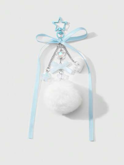 Kawaii 1pc Stylish, Cute, Fresh And College Style Blue Ribbon Resin Bowknot, Star, Plush Rabbit Pom Pom DIY Keychain & Bag Pendant, Suitable For Women, Daily Wear And Holiday Gift