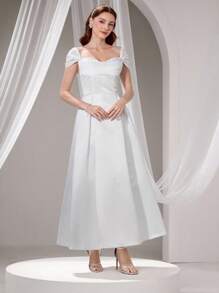 Poshira Women's Sequin Heart Neck Luxurious Satin Ball Gown Party Dress Luxurious Women's Evening Dresses Soft Dress White Prom Dress - White - View 1