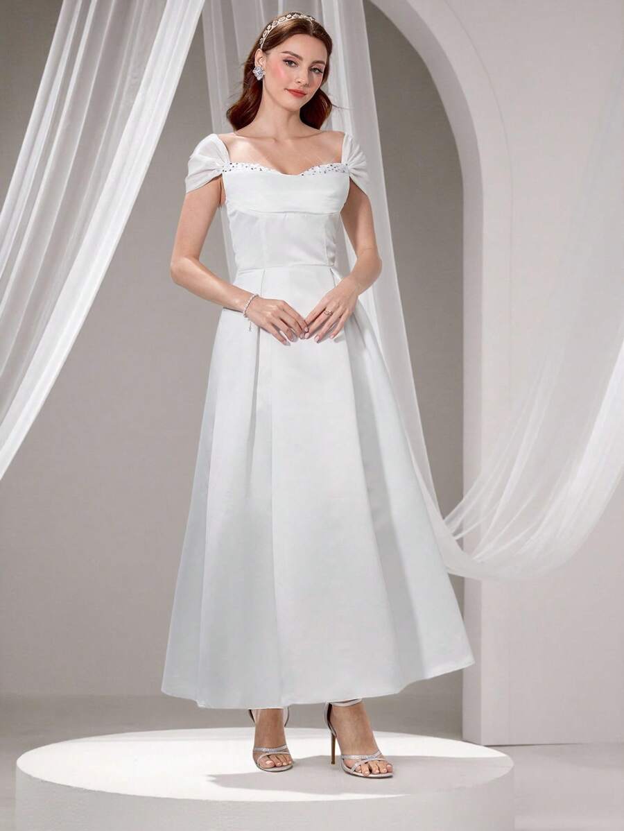 Poshira Women's Sequin Heart Neck Luxurious Satin Ball Gown Party Dress Luxurious Women's Evening Dresses Soft Dress White Prom Dress - White - View 1