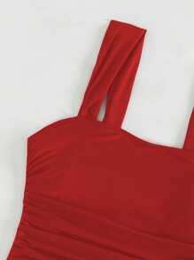 Swim Basics Women Solid Color Ruched Strap Simple One-Piece Swimsuit, Festival Boho For Summer Beach Vacation