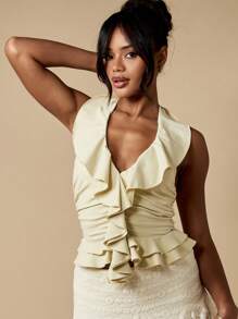 MISSGUIDED Élégant top à volants avec encolure ras-du-cou, pour occasions spéciales, soirées, mariages, célébrations et fêtes. Blouse de boutique d'été - Jaune moutarde - Voir 3