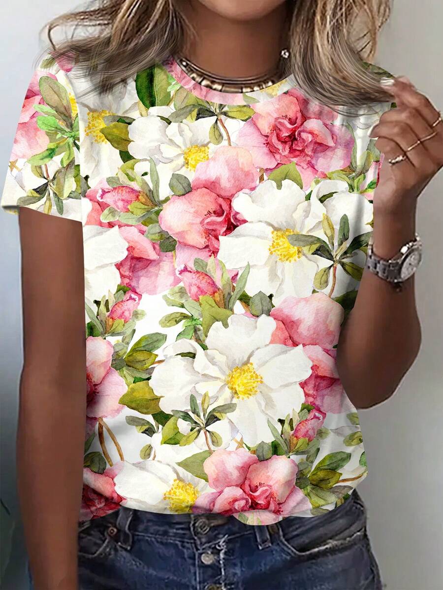 SHEIN Clasi Camiseta holgada con estampado de flores de hibisco y mangas huecas para mujeres, ligeramente transparente, adecuada para regalos de verano para la madre, vacaciones relajadas, primavera, estilo bohemio, vacaciones - Multicolor - Ver 1