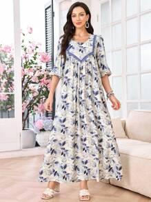 SHEIN Lacomfia Women's Printed Round Neck Lace Trim Patchwork Flare Dress - Blue - View 6