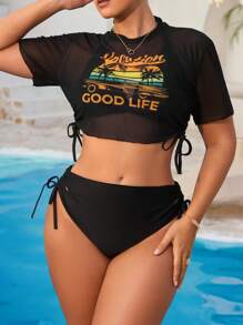 Swim Vcay 3pcs Plus Size Women Tropical Plant Print Cover-Up With Ladies Tank Top & Bikini Beach Swimsuit Set, Vacation/Leisure Fashion For Summer