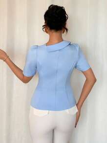 Rafferiza 清新蓝色复古珍珠纽扣优雅法式浪漫不对称夏季女式衬衫 - 黑色 - 查看 2