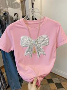 Franclia Women's Classic Short Sleeve Round Neck T-Shirt With Elegant Bowknot And Sequin Decor