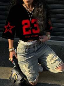SHEIN EZwear 女士休闲V领宽松短款半袖网眼T恤，适合夏季运动，带有数字23和五角星图案 - 紅色和黑色 - 查看 4
