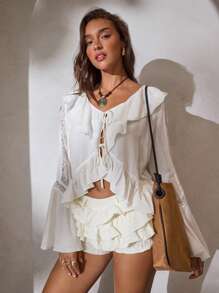 Aloruh 女式春夏新款纯色象牙白亚麻纹理天然面料 V 领荷叶边蕾丝拼接宽松女式衬衫长款喇叭袖衬衫