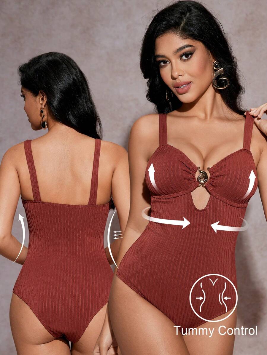 SHEIN Swim 1pc Textured Fabric Monokini Swimsuit, Elegant Minimalist Design With Metal Decor, Slimming Fit For Spring/Summer Beach Vacation - Redwood - View 1