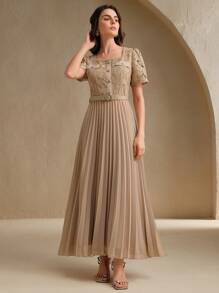 Anewsta Vestido de mujer nuevo, elegante, de línea A, de manga corta, con patchwork de encaje y gasa - Caqui - Ver 3