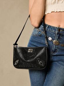 SHECARRY Women's Black Full-Coverage Rhinestone Shoulder Bag Clutch, Elegant Evening Party Purse With Decorative Metal Buckle For Dinner Gala & Events - Black - View 1