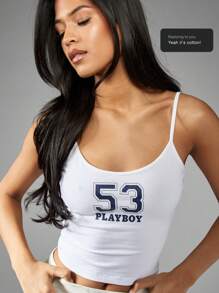 Missguided x Playboy Top tipo camiseta de tirantes con gráfico de número de estilo deportivo, de moda informal, de corte ajustado, tipo top corto con tirantes finos, para uso casual, entrenamiento, club, festivales