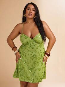SHEIN BAE Vestito a fascia con paillettes e nodo, verde, sexy e senza schienale, da donna con taglie comode, elegante mini vestito senza schienale, adatto per spiaggia, vacanze, abito estivo