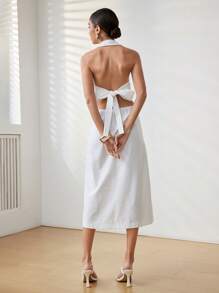 Uhlyne Vestido midi de línea A con cuello de mandarín, botones de resina, sin mangas, lazo y escote halter de lino de unicolor y elegante para mujer