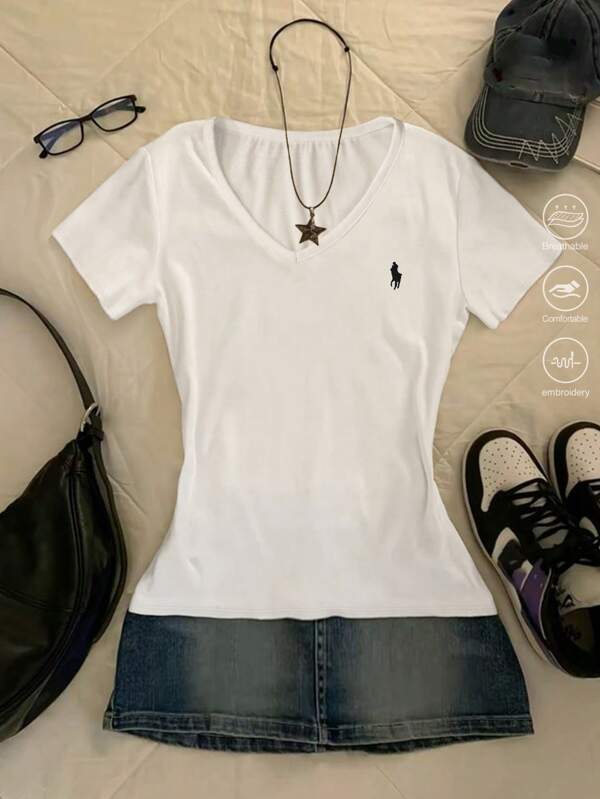 SHEIN Women V-Neck Embroidered Short Sleeve T-Shirt, Fashionable And Suitable For Summer