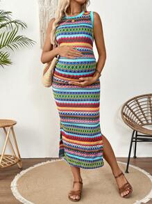 SHEIN Vestido de embarazo de largo hasta el muslo con cuello redondo, sin mangas y abertura en el muslo, con estampado completo - Multicolor - Ver 3