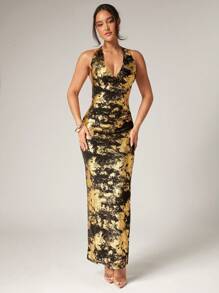 Silquee Women's Low Neckline Fitted Dress With Foil Pattern Design, Sexy Summer Resort Dress, Women's Summer Dress, Women's Dress, Festival Dress, Resort Dress, - Multicolor - View 3