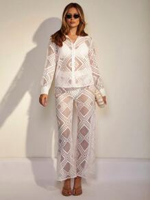 COSMINA Women Drawstring Waist Straight Leg Lace Pants - White - View 5
