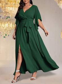 Auvina Plus Size Women V-Neck Ruffle Waist Tie Slit Elegant Long Bodycon Maxi Party Dress, Short Sleeve - Dark Green - View 4