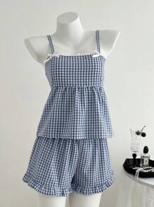 Elamini Bộ 2 quần yếm kẻ caro đỏ thời trang xuân/hè cho nữ đi nghỉ thường ngày và quần short kẻ caro cạp chun đi biển/dã ngoại - Xanh và trắng - Xem 4